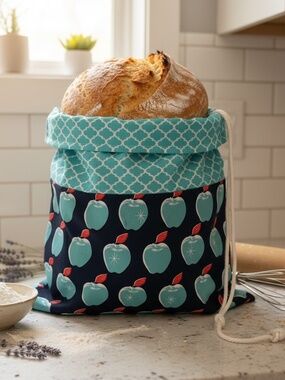 Teal Apple Print Bread Bag, Reusable Cotton Bread Bag, Sourdough Storage Bag